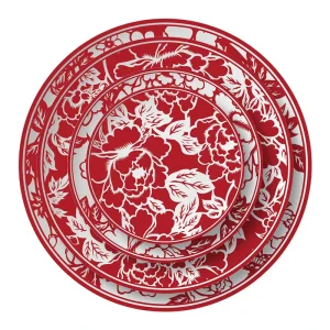 Chinese Style Red and White Ceramic Plates and Bowls Set Festive Traditional Peony Dinnerware for Chinese New Year Wedding