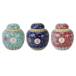 Chinoiserie Famille Rose Longevity Chinese Character Floral Mini Ceramic Ginger Jar Tabletop Decor