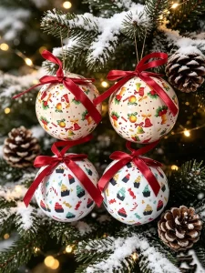 Christmas Ball Ornament Set with Reindeer, Gift, Candy, and Dessert Patterns