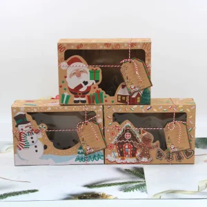 Christmas Biscuits Candy Gift Box With Transparent Window Santa Claus Snowman Holiday Design and Christmas Ribbon Gift