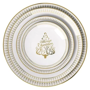 Christmas Bone China Dinnerware Set Gold Trim High Temperature Fired Ceramic Plates Bowls Dishes Hotel Holiday Tableware