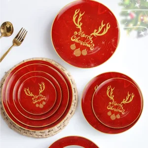 Christmas Bone China Dinnerware Set with Festive Red Plates, Bowls & Cups for Holiday Party Table Decor