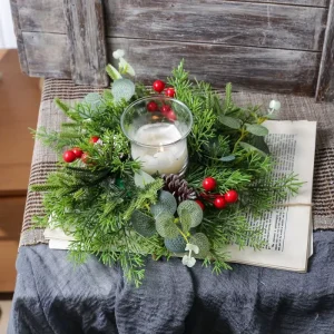 Christmas Candle Ring Garland with Eucalyptus Pine Red Berries & Pinecones Artificial Greenery Wreath for Holiday Table Decor