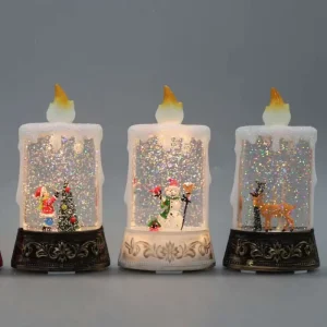 Christmas Candle Water Lantern with Ornate Black Base Swirling Glitter LED Snow Globe Gift Snow Ball