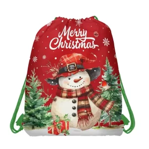 Christmas Canvas Printed Drawstring Storage Backpack Set for Eve Holiday Parties Gift School Bag
