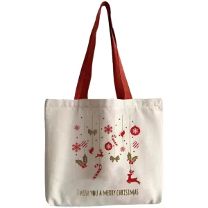 Christmas Canvas Tote Extra Large Capacity Handbag Long Ribbon Rope Shoulder Strap Letter Print Outdoor Picnic Party Travel