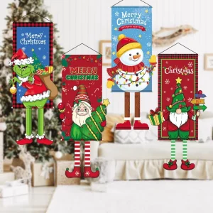 Christmas Cartoon Hanging Banner Santa Snowman Gnome Xmas Wall Hanging Flag Party Home Decor Polyester Lightweight