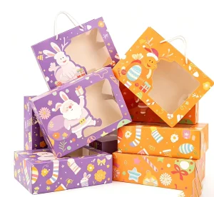 Christmas Cartoon Santa Reindeer Rabbit Print Paper Gift Bag Box Clear Window Rope Handle Holiday Candy Present Packaging Box