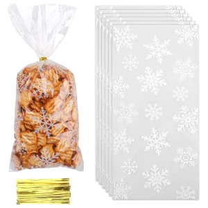 Christmas Cellophane Food Grade Treat Bags Clear OPP Snowflake Flexiloop Handle Gravure Printed Gift Bags for Party Favors