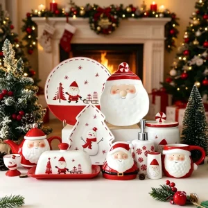 Christmas Ceramic Dinnerware Set Embossed Design Underglaze Porcelain Set Cute High End Holiday Tableware Gift for Home Use
