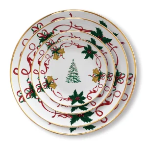 Christmas Ceramic Dinnerware Set Gold Rim Plates with Christmas Tree Holly Leaf Design Festive Holiday Tableware for Party