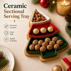 Christmas Ceramic Serving Tray Set Bamboo Base 3 Compartment Divided Snack Platter Non-Toxic Light Luxury Retro Party Holiday