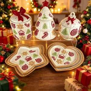 Christmas Ceramic Tableware Set with Cookie Jar Plates Tree Ornament Design Holiday Dinnerware for Xmas Party Decor