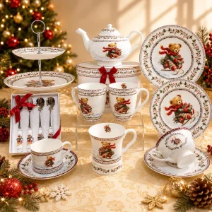 Christmas Coffee Mug Plate Teapot Spoon Set Teddy Bear Print Ceramic Mug Porcelain Coffee Cup Gift Set