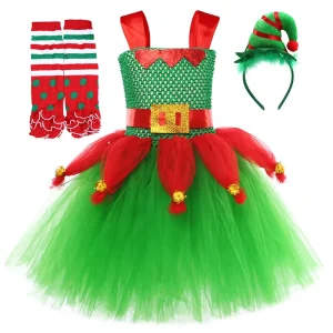 Christmas Cosplay Green Elf Party Costume Set Kids Merry Christmas Fancy Dress with Tutu and Socks Xmas Gift for Girls