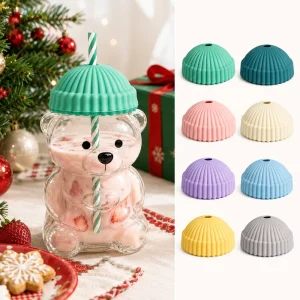Christmas Cup Silicone Cover Cute Coffee Mug Cartoon Bear Shaped High Borosilicate Glass Cup With Silicone Hat Lid
