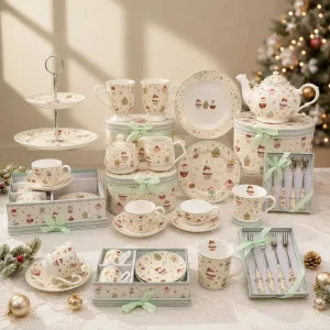 Christmas Cupcake Design Ceramic Cup Plate Teapot Spoon Set Porcelain Mug for Christmas Gift
