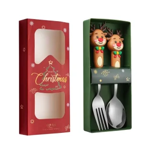 Christmas Cute 2Pcs Gold Metal Cutlery Set Tree Santa Claus Fork and Spoon for Coffee Tea Dessert Gift Reusable BPA Free