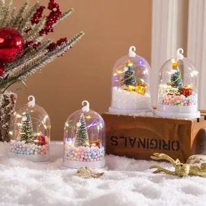 Christmas Decoration LED Mini Christmas Tree in Dome Transparent Cover with Colorful Foam Beads Hanging Ornament for Party Decor