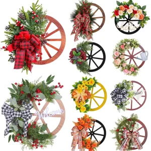 Christmas Decoration Wooden Wagon Wheel and Pinecone Wreath for Door Hanging Festive Decor