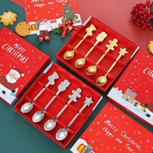 Christmas Deer Head Gold Dessert Spoon Cute Coffee Stirring Spoon 4pcs Christmas Gift Kitchen Accessories Home Decorations