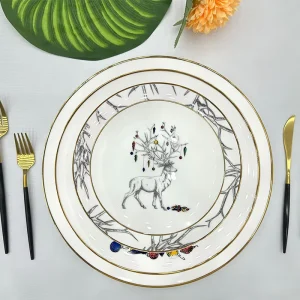 Christmas Dinnerware Set Bone China Luxury Decorative White Gold Classic Plates for Home Hotel Restaurant & Weddings