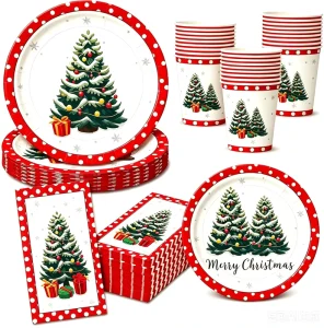 Christmas Disposable Paper Tableware Set Eco friendly Paper Plates Cups Napkins for Christmas Winter Holiday Party