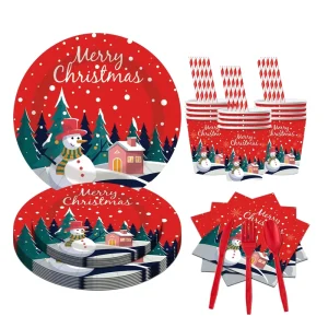 Christmas Disposable Snowman Tableware Set European Style 4 Color Printed Party Decorations Including Paper Plate