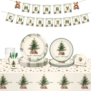 Christmas Disposable Tableware Set Tree Themed Party Decoration Supplies Custom Paper Plates Cups For Holiday Party