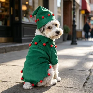 Christmas Dog Elf Costume 6Pcs Set Polyester Winter Spring Coat with Hat Foot Cuffs Santa Helper Outfit for Small Dogs OEM