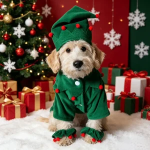 Christmas Dog Elf Costume 6Pcs Set Velvet Warm Winter Spring Pet Clothes with Hat Foot Cuffs Santa Helper Outfit Small Dogs OEM