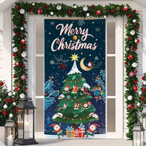 Christmas Door Cover Santa Claus Backdrop Durable Eco Friendly Polyester Indoor Outdoor Hanging Banner