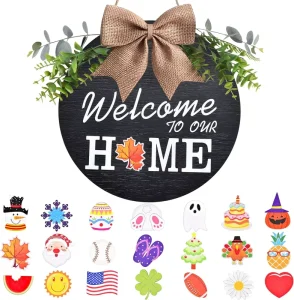 Christmas Door Decorations Seasonal Welcome to Our Home Sign UV Printing Welcome Sign for Front Door Rustic Round Wood Sign