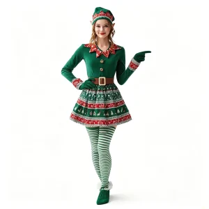 Christmas Elf Cosplay Dress for Women Green Holiday Performance Costume with Striped Tights