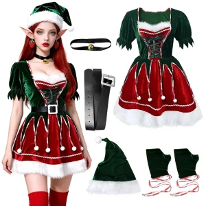 Christmas Elf Costume Dress for Women, Holiday Cosplay Outfit, Polyester, for Adults