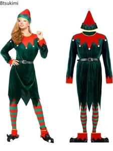 Christmas Elf Costume Women Men Adult Deluxe Santa Claus Green Elf Cosplay Clothes Set Xmas Carnival Fancy Party Dress