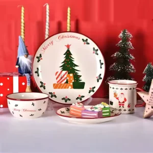 Christmas Festival Plate and Bowl Mug Set Dinner Set Round Modern Ceramic Dinnerware Set for Restaurant Party