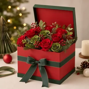 Christmas Flower Gift Box Custom Logo Rigid Paper Packaging Matt Lamination UV Coating Holiday Color Retail Ready for Holiday
