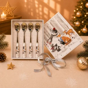 Christmas Forest Snowman Scene 4 Piece Spoons With Gift Box Stainless Steel Dessert Coffee Spoon Set Tableware