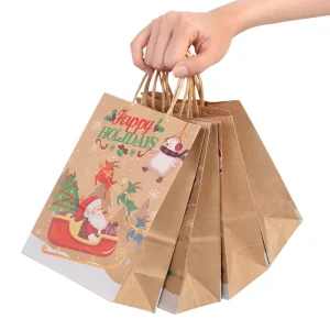 Christmas Gift Bag with Handles Kraft Paper Bags Santa Claus Snowman Xmas Party Candy Bag Cookie Present Decor