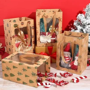 Christmas Gift Bag with a Transparent Window and Handle Christmas Wrapping Paper for Packaging Gifts or Displaying