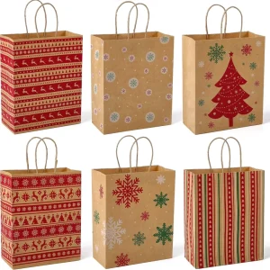 Christmas Gift Bags 24Pcs 8.6x7x3.3” Kraft Paper Twisted Paper Handles Food Safe Bulk Holiday Xmas Goodie Party Food