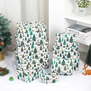 Christmas Gift Box Set Cartoon Christmas Tree Snowman Print 10pcs Set Xmas Decor Packaging Gift Boxes