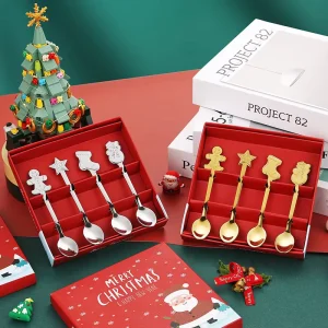 Christmas Gift Cartoon Tableware Promotional 4PCS Stainless Steel Silver Gold Coffee Dessert Spoon with Gift Box