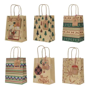 Christmas Gift Goodie Treat Packaging Paper Bags With Handle Merry Christmas Holiday Goodie Bags for Xmas Holiday Decor Supplies