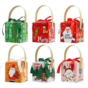 Christmas Gift Packaging Paper Boxes With Handle and Ribbons Xmas Party Favour Candy Treat Boxes for Holiday Party Supplies
