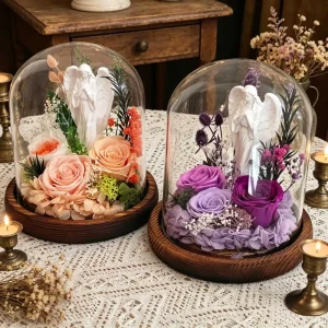 Christmas Gifts Plaster Angel Figurine with LED Eternal Preserved Rose in Glass Dome for Thanksgiving Valentine Gifts Home Decor