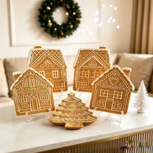 Christmas Gingerbread House Shaped Ceramic Plates Set with Tree House Design Holiday Dinnerware for Xmas Party Decor