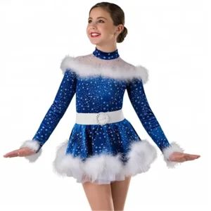 Christmas Girls Blue Snowflake Printed Dance Dress Sequin Spandex Tap and Jazz Dance Wear Stage Role Playing Dance Costume