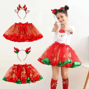 Christmas Girls’ Printed Puffy Gold Plated Christmas Tree Tutu Skirt Children’s Princess Dress